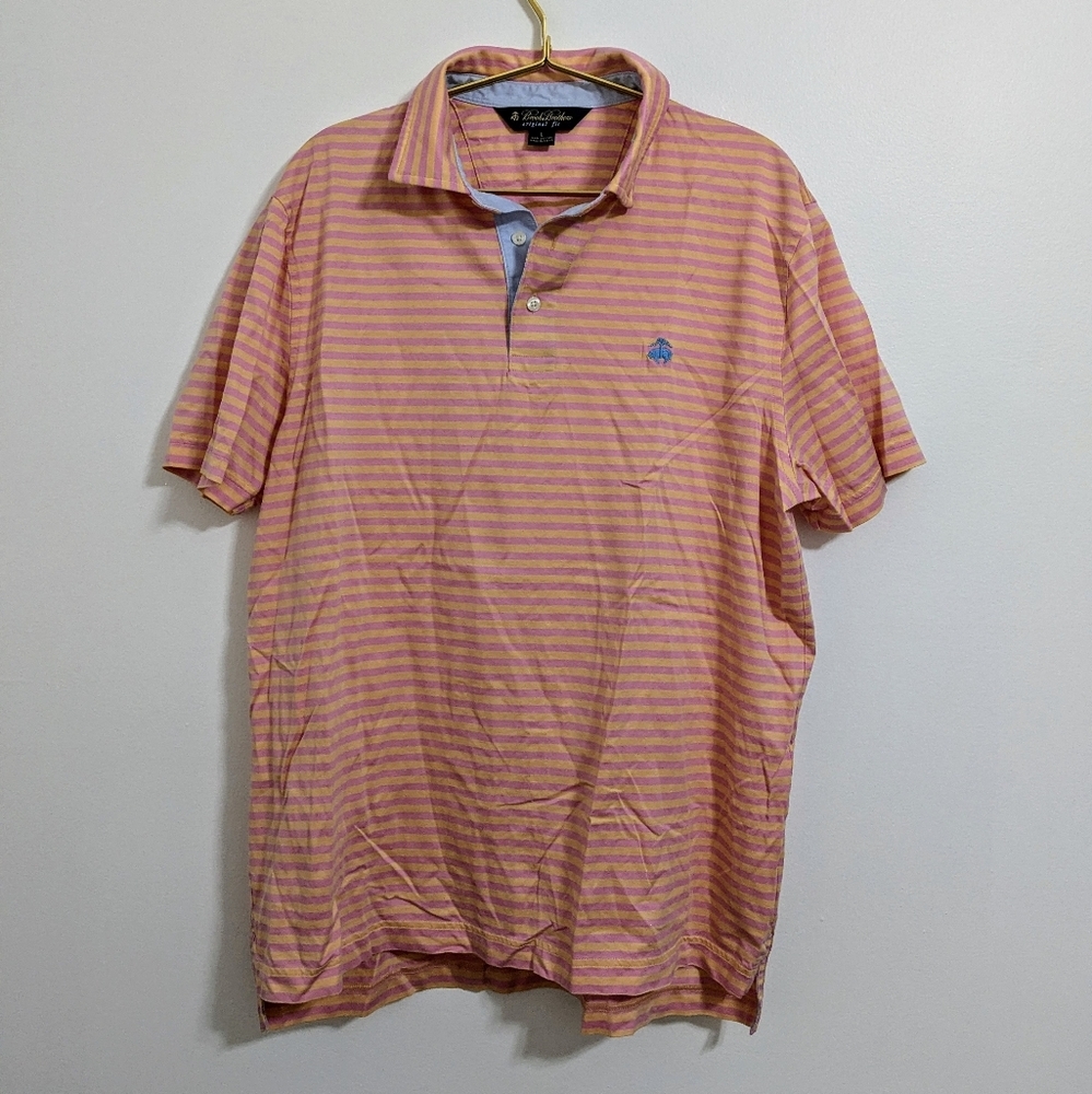 Brooks Brothers Men's Large Pink & Orange Striped Original Fit Short Sleeve Polo